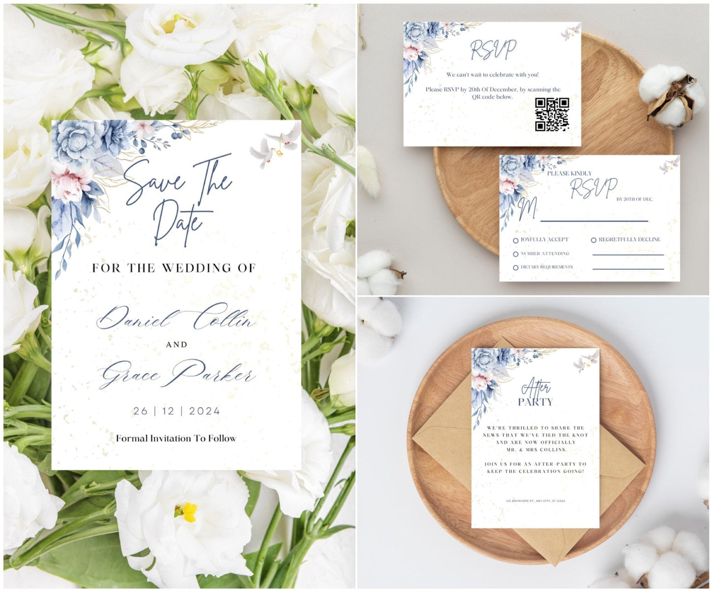 Blue Wedding Invitation MEGA bundle | Blue Floral Wedding Template Bundle | Wedding Invitation Set | Digital Download Printable