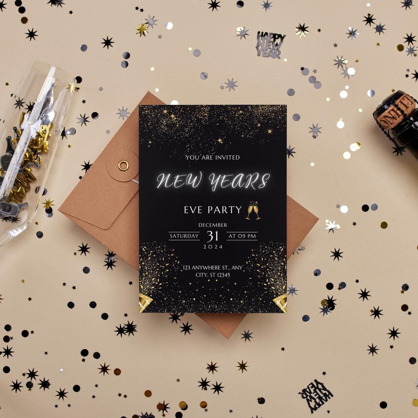 Digital New Years Eve Party Invitation | NYE Celebration Invite | Black Gold Evite | Phone Text Email Invite | DIGITAL DOWNLOAD