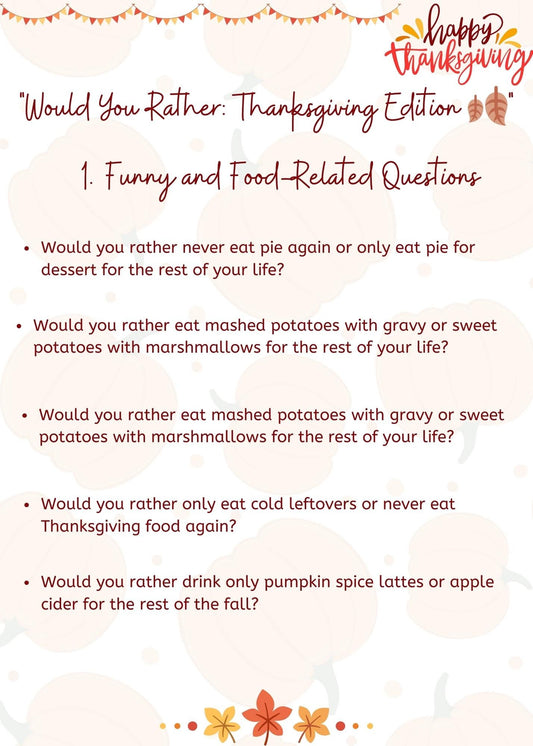 Would You Rather Thanksgiving Edition Game | Printable Thanksgiving Game | Thanksgiving Activity | Thanksgiving Party Game