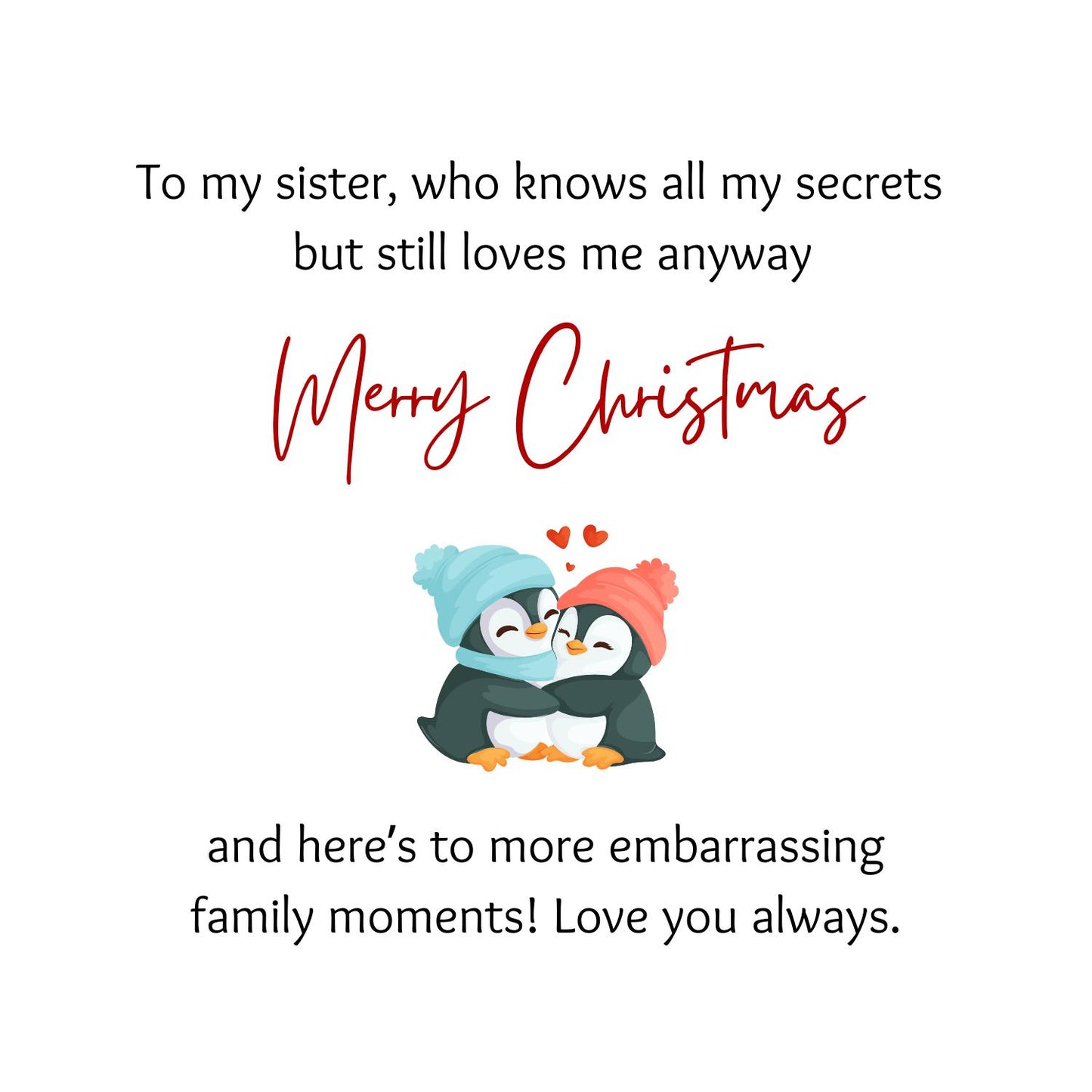 Christmas Card Sister | Merry Christmas Sister Message | Cute Gift Card For Her |