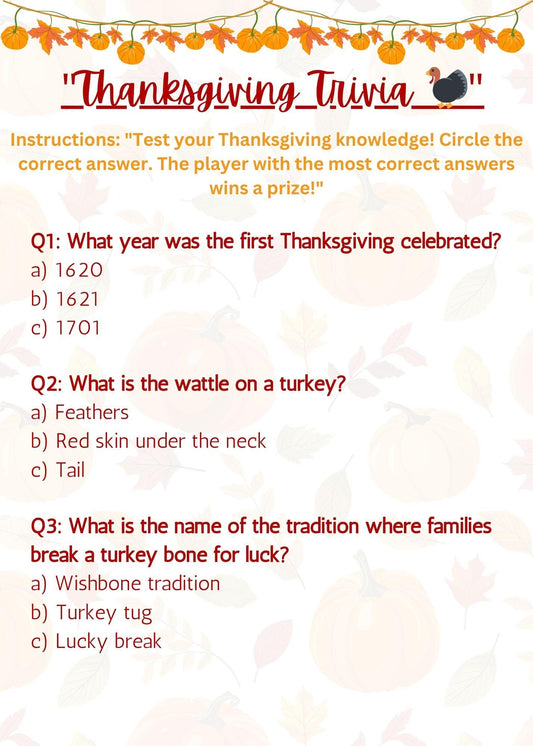 Thanksgiving Trivia | Printable Thanksgiving Game | Thanksgiving Activity | Thanksgiving Party Game