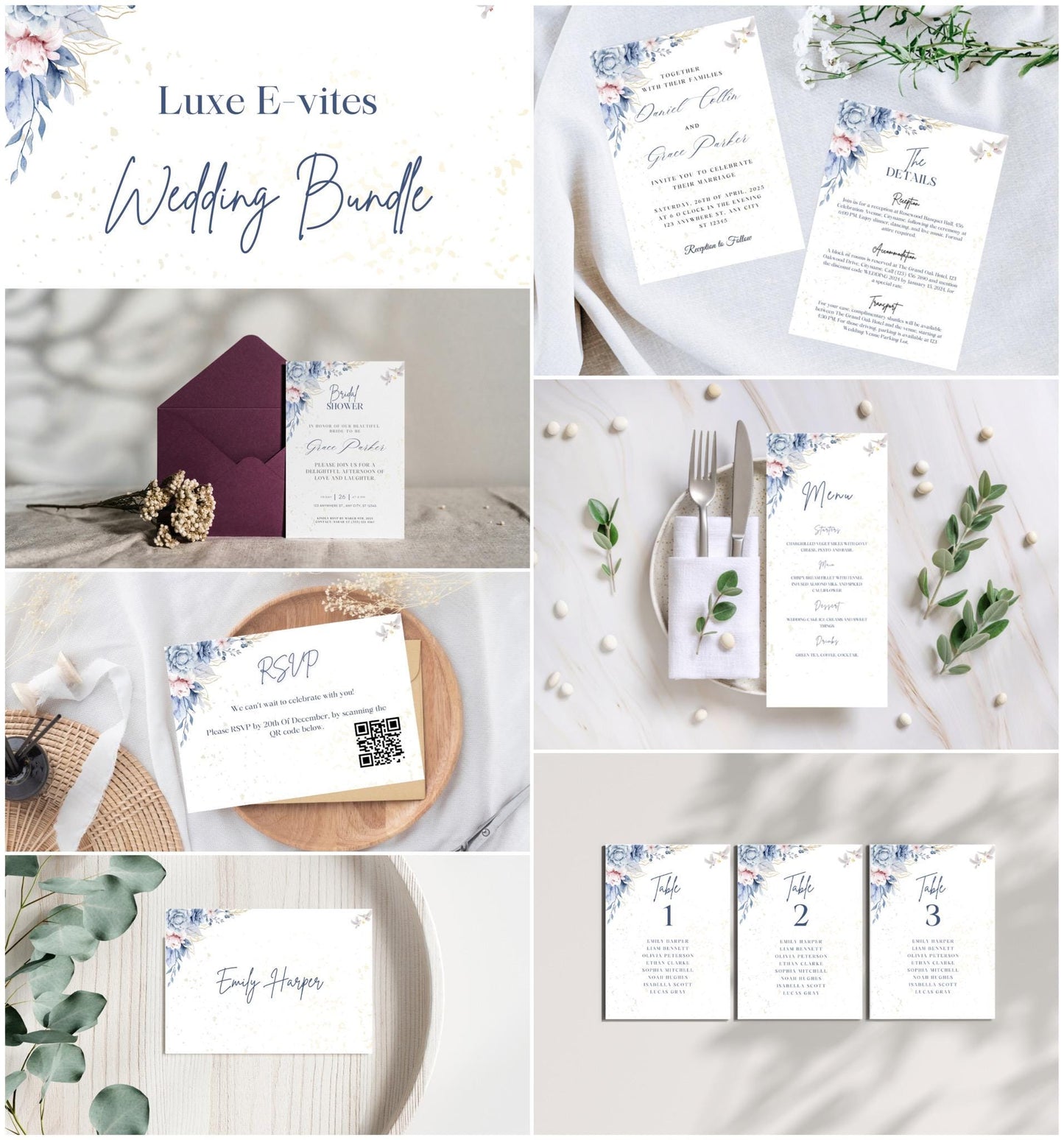 Blue Wedding Invitation MEGA bundle | Blue Floral Wedding Template Bundle | Wedding Invitation Set | Digital Download Printable