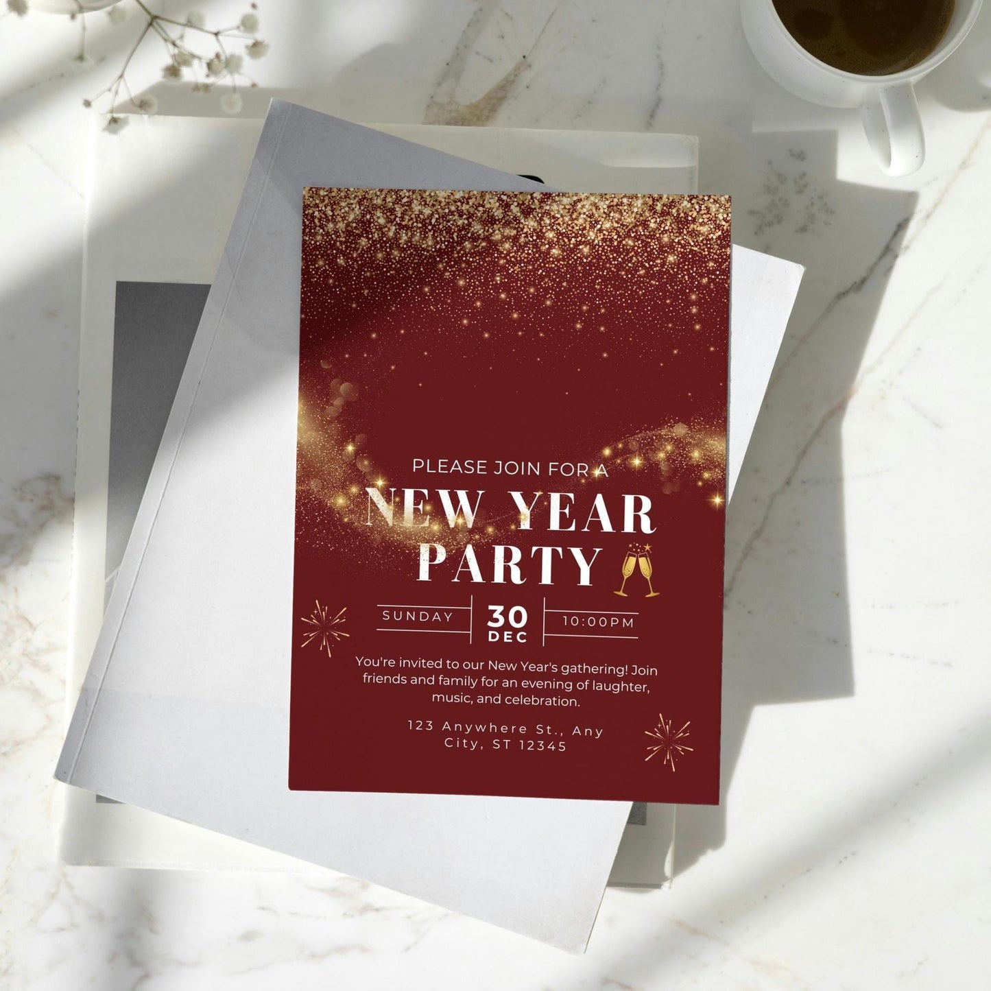 Digital New Years Eve Party Invitation | NYE Celebration Invite |  Red Gold Evite |  Phone Text Email Invite | DIGITAL DOWNLOAD