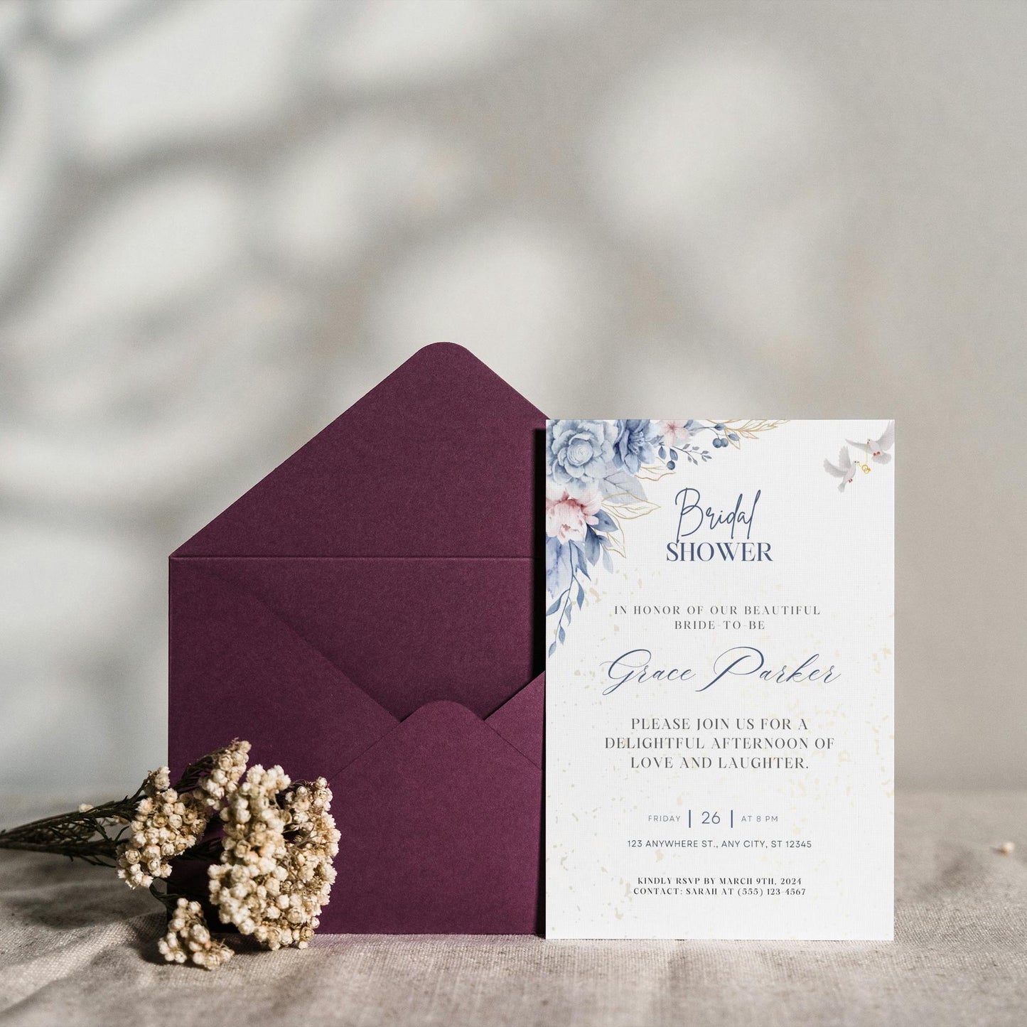Bridal Shower Invitation Template | Printable Bridal Shower Invite | Blue Floral Bridal Shower Invite | Editable Digital Download |