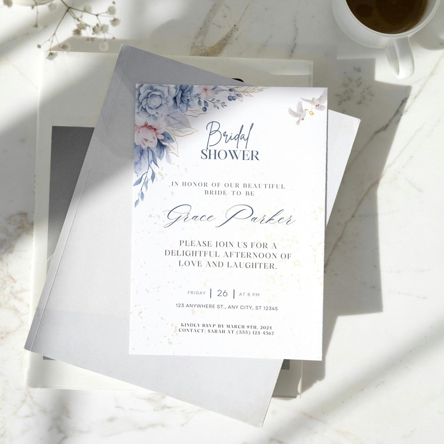 Bridal Shower Invitation Template | Printable Bridal Shower Invite | Blue Floral Bridal Shower Invite | Editable Digital Download |