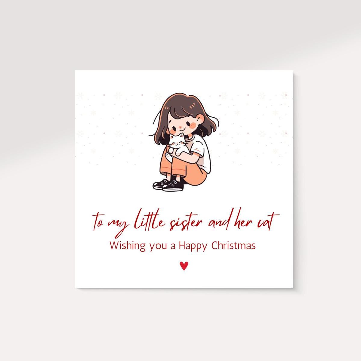 Merry Christmas Little Sister Card | Cute Little Sister Cat Card | Christmas Card For Sister | Digital Download Printable