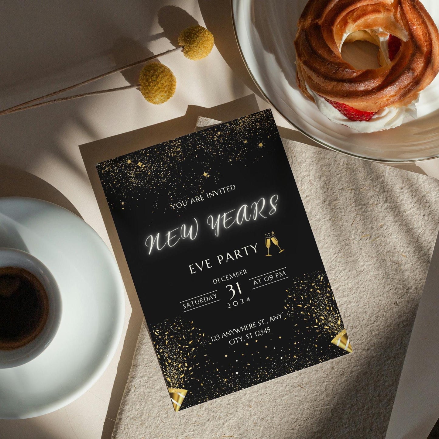 Digital New Years Eve Party Invitation | NYE Celebration Invite |  Black Gold Evite |  Phone Text Email Invite | DIGITAL DOWNLOAD