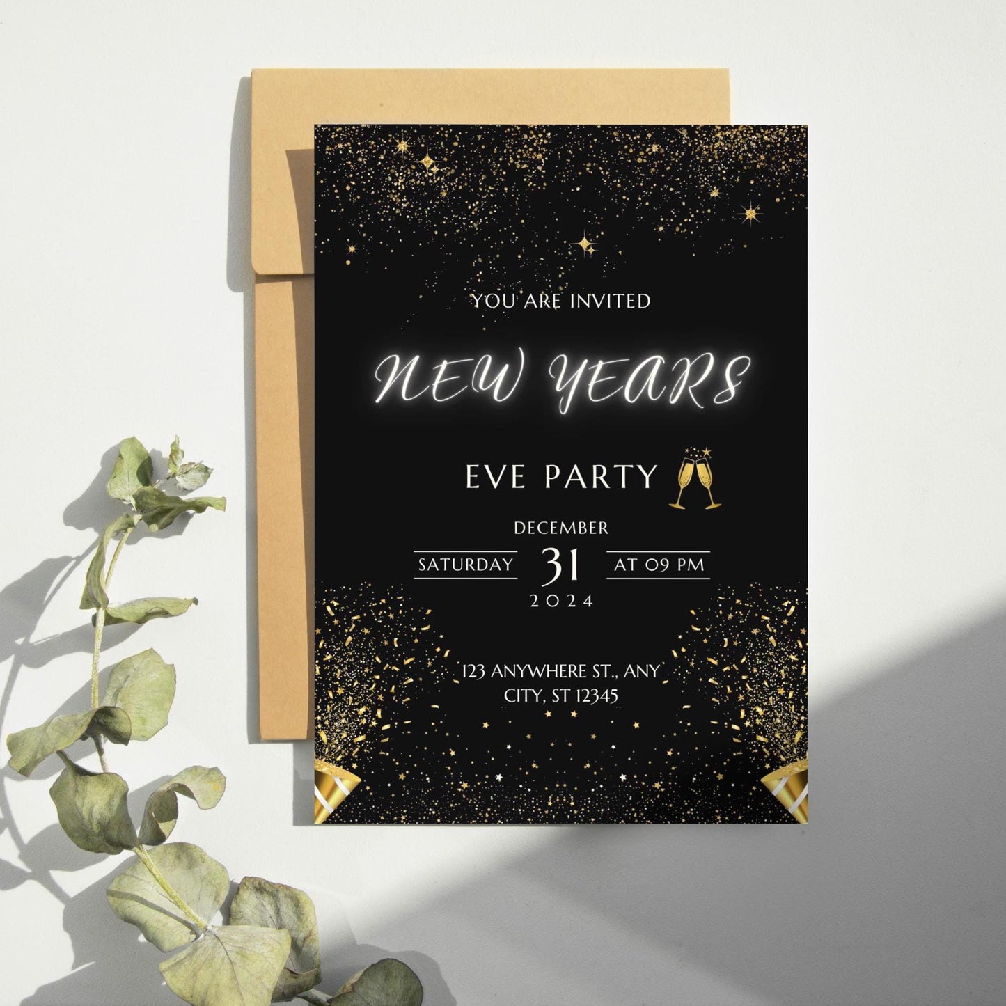 Digital New Years Eve Party Invitation | NYE Celebration Invite |  Black Gold Evite |  Phone Text Email Invite | DIGITAL DOWNLOAD