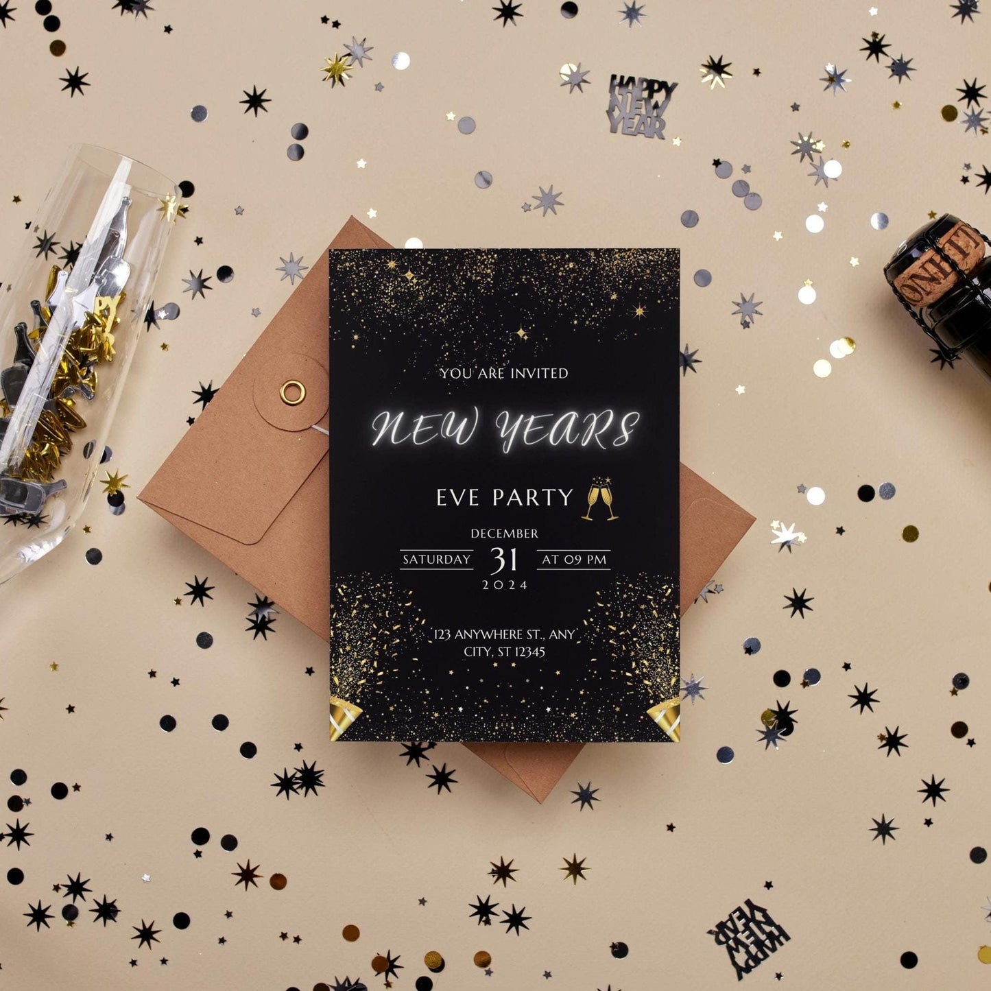 Digital New Years Eve Party Invitation | NYE Celebration Invite |  Black Gold Evite |  Phone Text Email Invite | DIGITAL DOWNLOAD