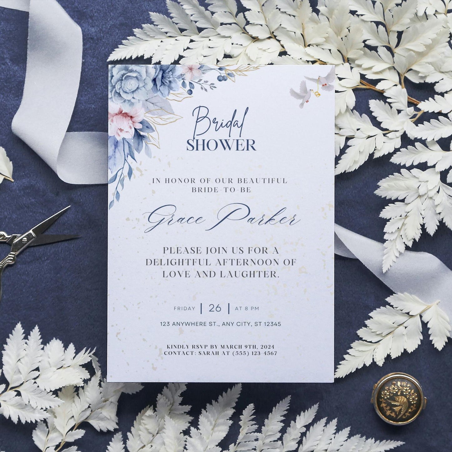 Bridal Shower Invitation Template | Printable Bridal Shower Invite | Blue Floral Bridal Shower Invite | Editable Digital Download |