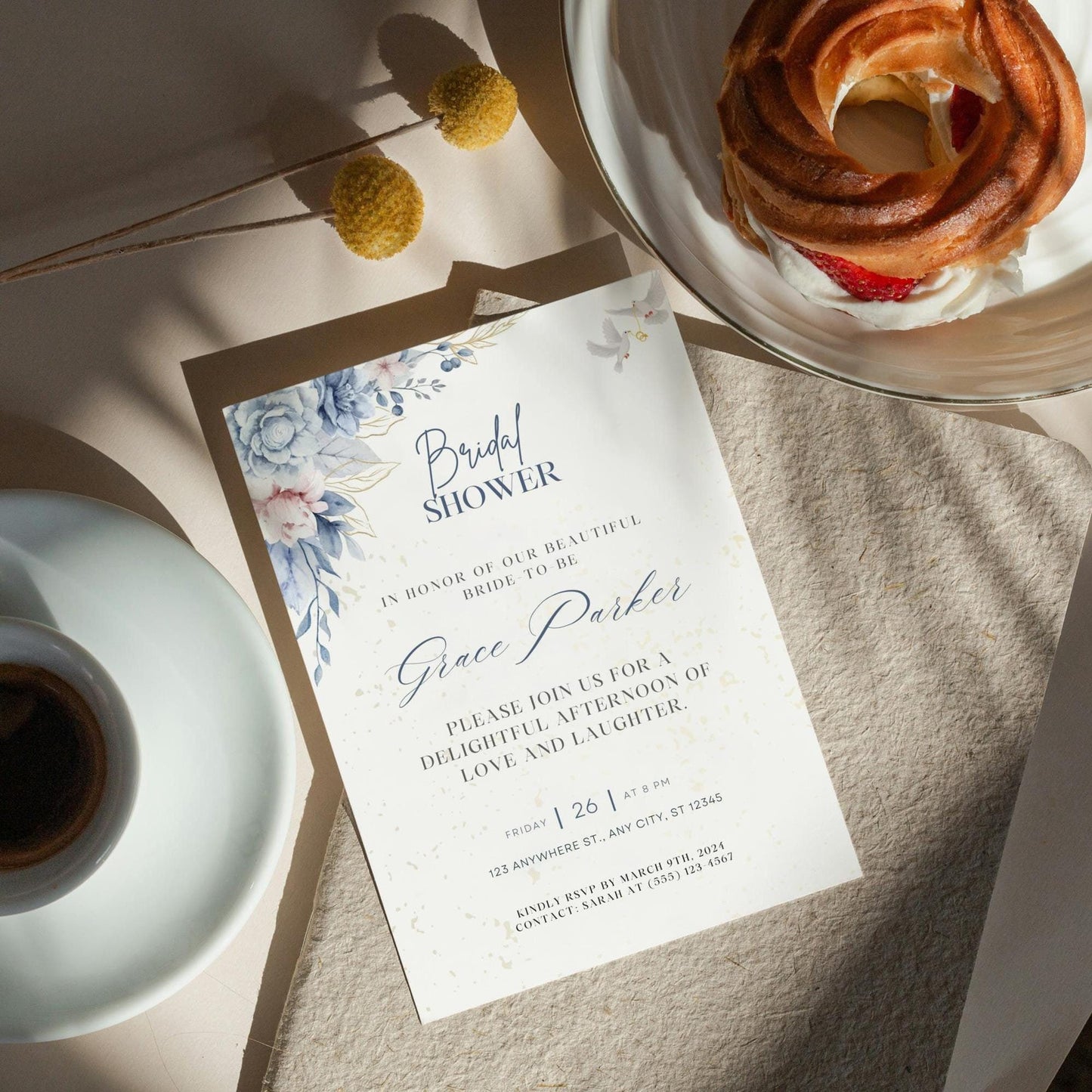 Bridal Shower Invitation Template | Printable Bridal Shower Invite | Blue Floral Bridal Shower Invite | Editable Digital Download |